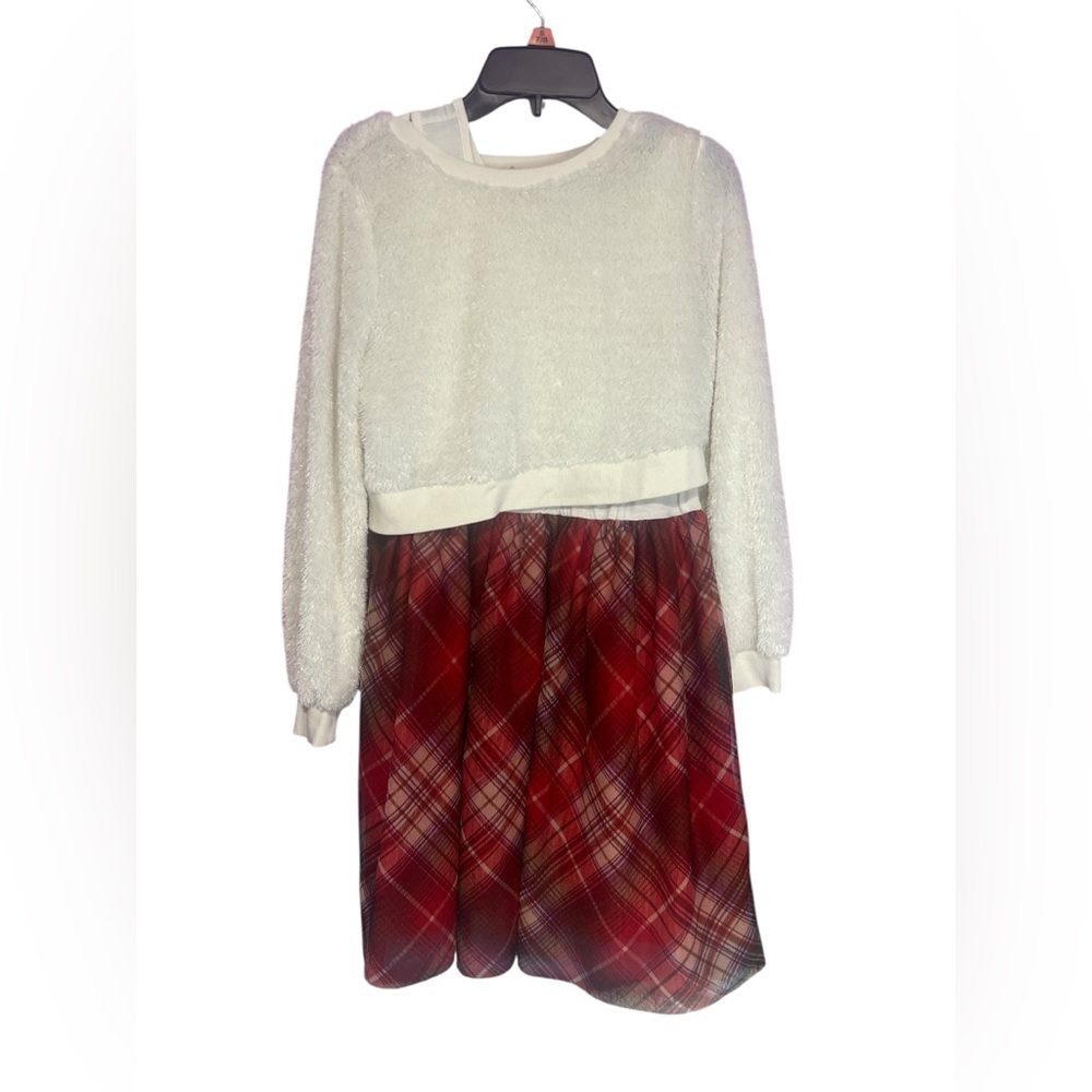 Knit Works Girls Dress Size 14 Sleeveless White & Plaid Dress W/Pullover Sweater